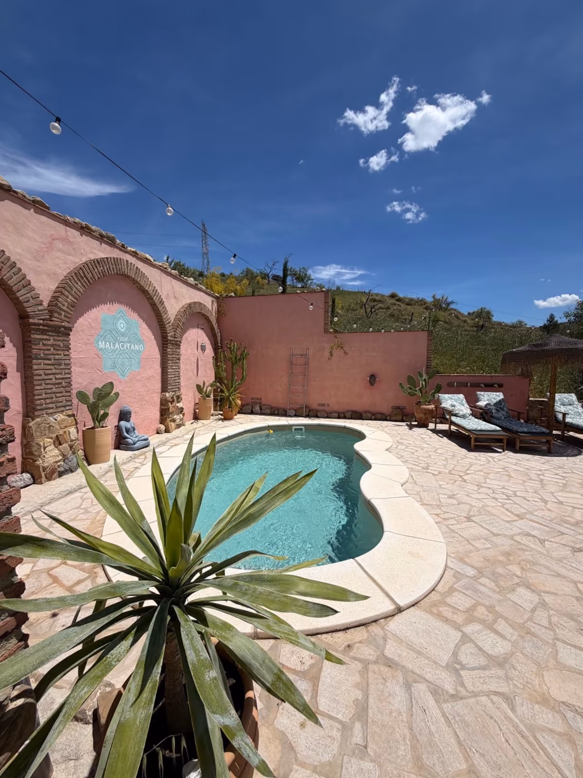 Pool with Casa Malacitano logo on pink wall