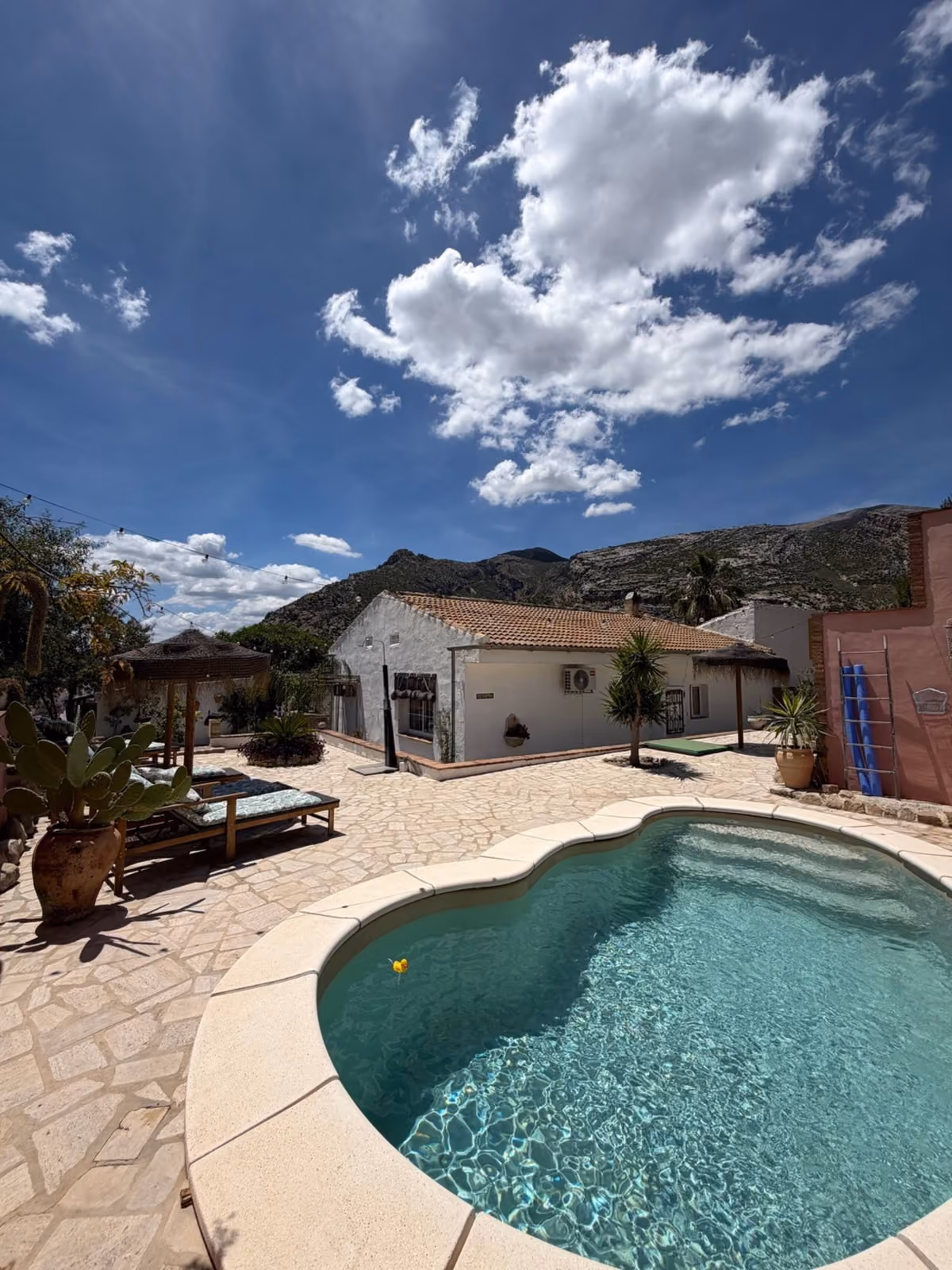 Pool and terrace with mountain backdrop